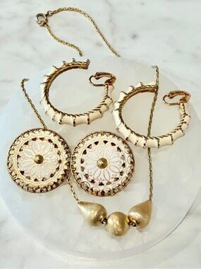 Gold and White Filigree Hoop Earrings and Pendant Necklace Trio